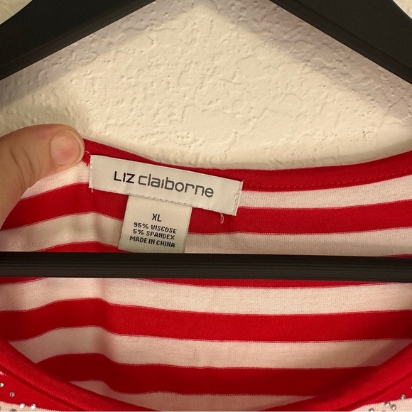Liz Claiborne Red & White Striped Rhinestone Tee – Size XL - Picture 4 of 6